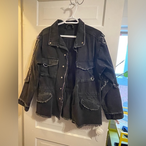 Black Denim Jacket with Metal Fasteners - Picture 2 of 6